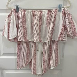 RED & WHITE PAISLEY OFF THE SHOULDER ROMPER